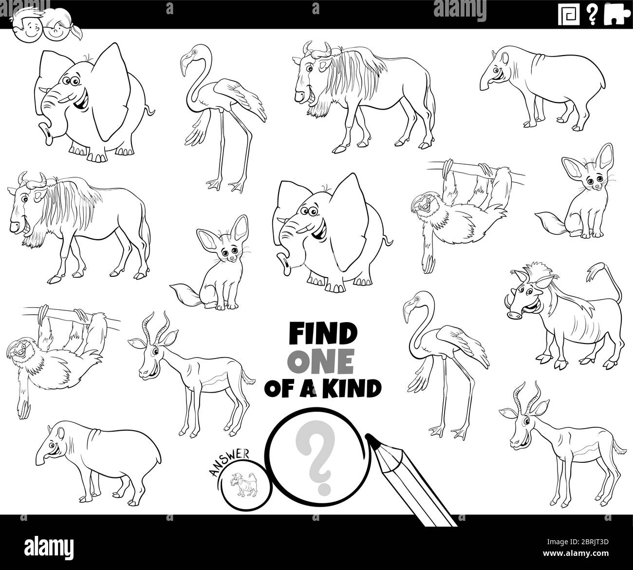 Black and White Cartoon Illustration of Find One of a Kind Picture Educational Game with Comic Wild Animal Characters Coloring Book Page Stock Vector