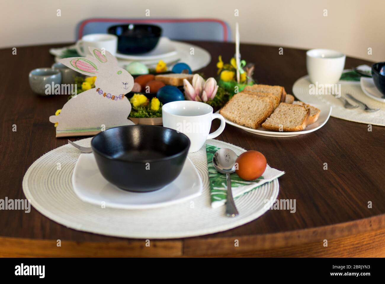 table setting ready for easter breakfast in regular home Stock Photo