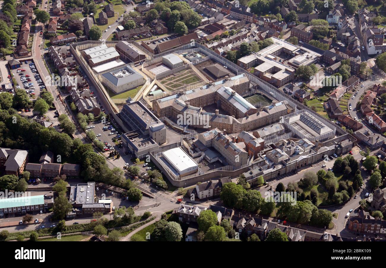 aerial view of HMP Durham (Durham Prison) including The Crown Court Courthouse, Durham Stock Photo