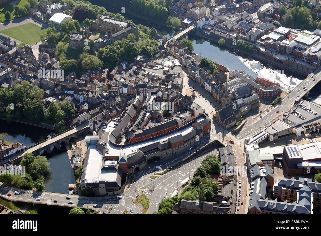 aerial view of Durham City Centre, with The Prince Bishops Shopping Centre & Market Place prominent Stock Photo