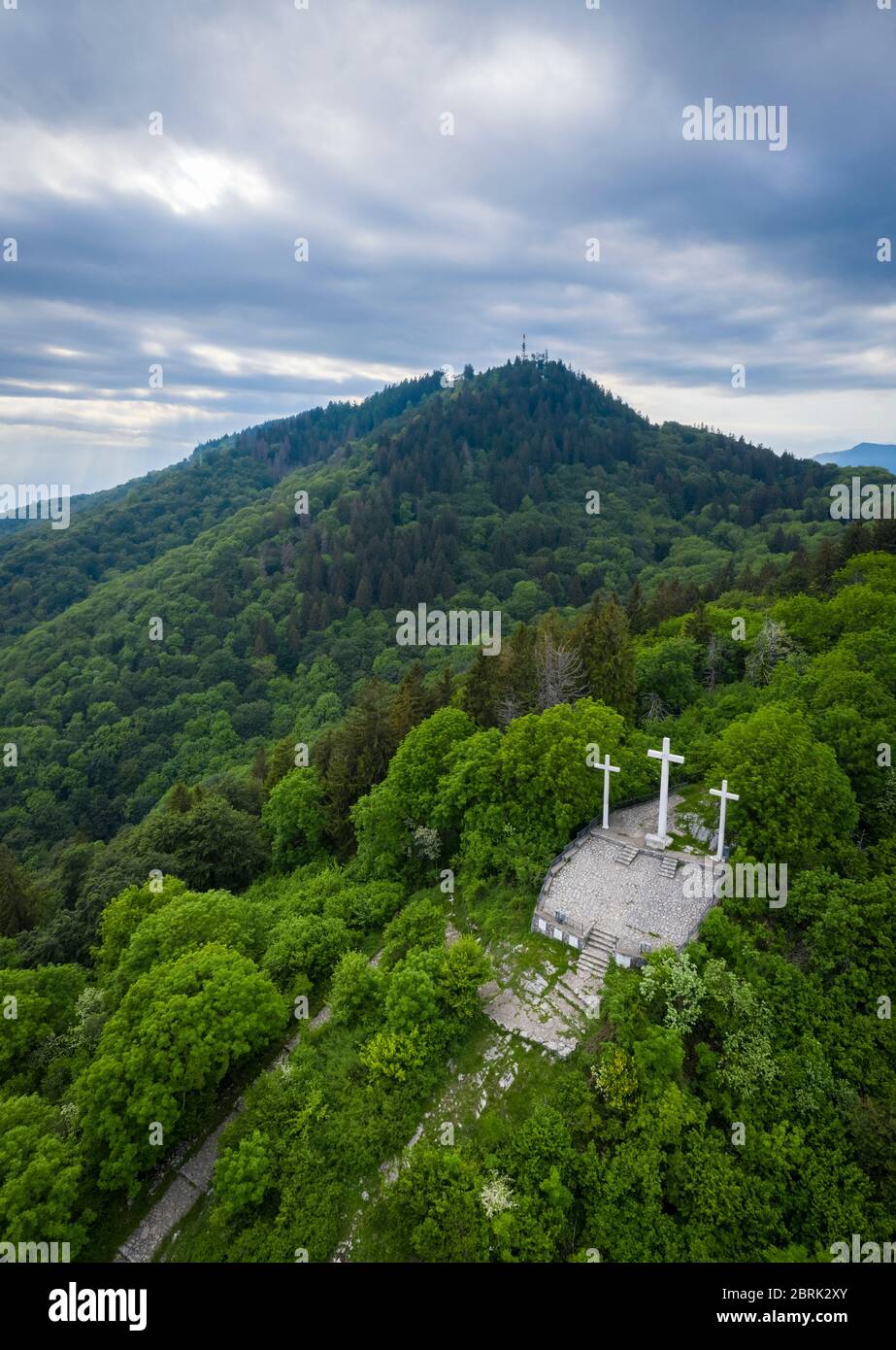 Aerial view of the mount Tre Croci in spring. Campo dei Fiori, Varese, Parco Campo dei Fiori, Lombardy, Italy. Stock Photo