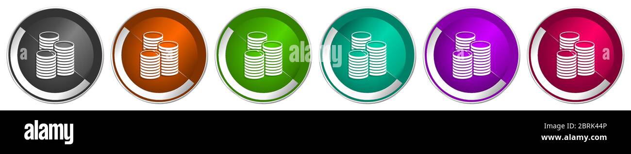 Money icon set, business and finance silver metallic chrome border vector web buttons in 6 colors options for webdesign Stock Vector