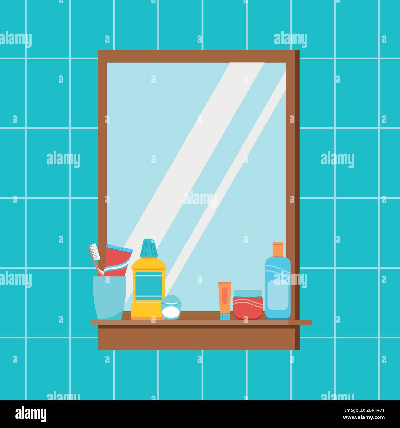 Mirror in bathroom with hygiene accessories on shelf Stock Vector Image ...