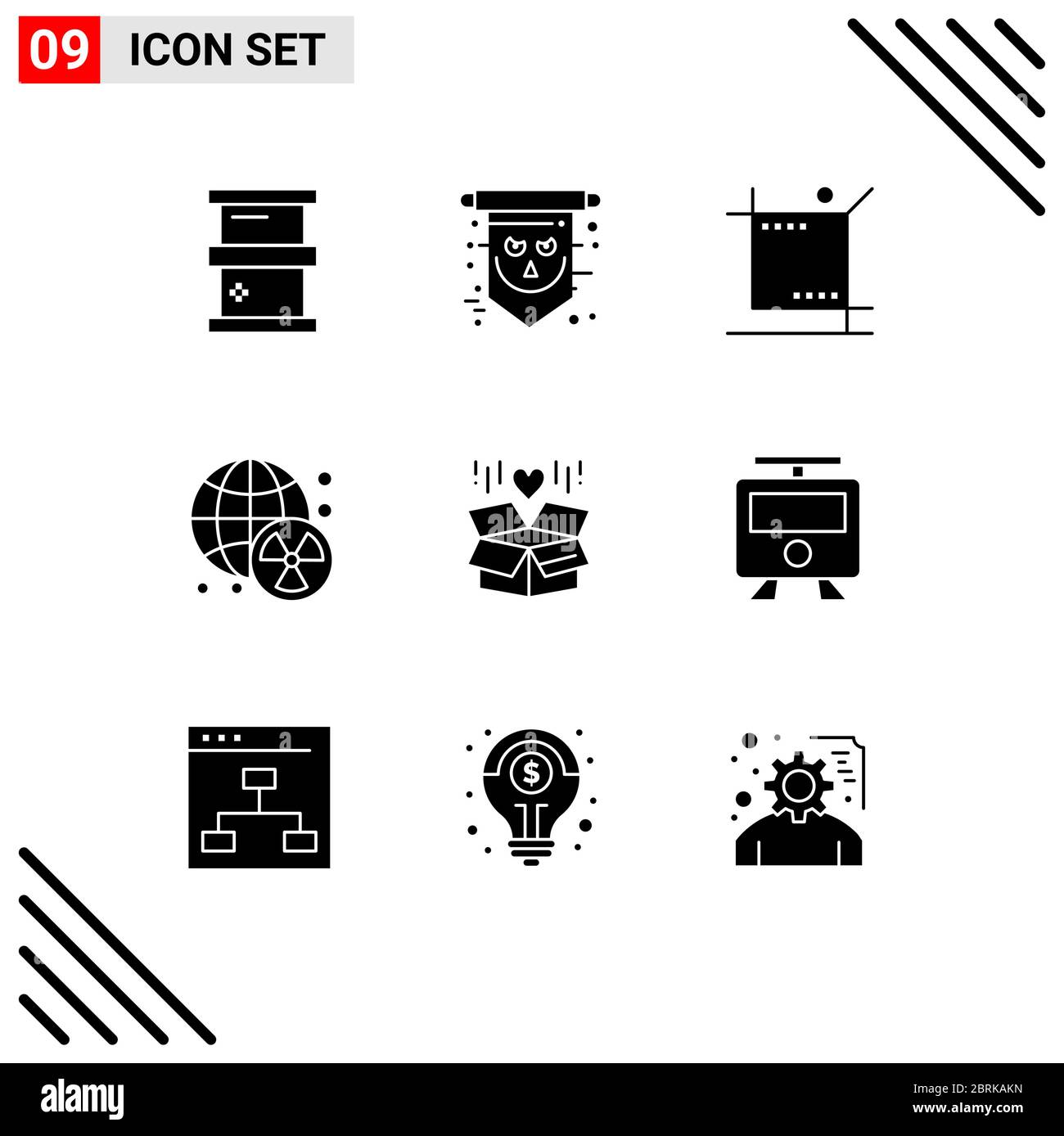 Pack of 9 creative Solid Glyphs of world, radioactive, spooky, nuclear, tool Editable Vector Design Elements Stock Vector