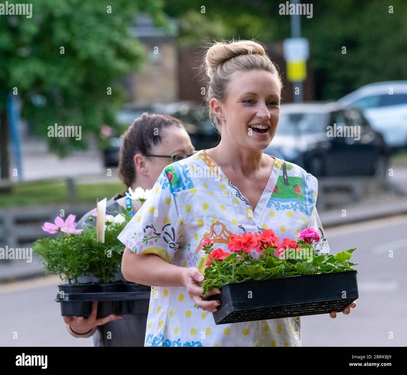 Brentwood Essex 21st May 2020 Clap for NHS at Brentwood Commuity hosptial, currently a covid facility. Local residents had purchased over 120 plants for the staff for their gardens. Another resident of the road had made 'superhero' scrubs for staff some of whom are pictured NHS worker with plants from local residents Credit: Ian Davidson/Alamy Live News Stock Photo