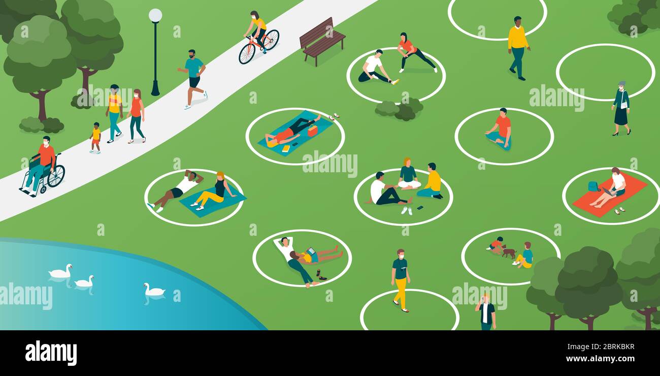 Social distancing circles in the city park and people relaxing safely outdoors, coronavirus covid-19 prevention Stock Vector