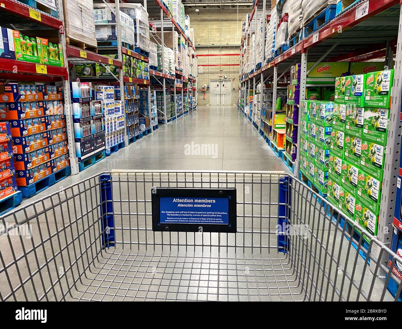 Orlando, FL/USA-2/11/20: The view from a cart of laundry products aisle of a Sams Club grocery store. Stock Photo