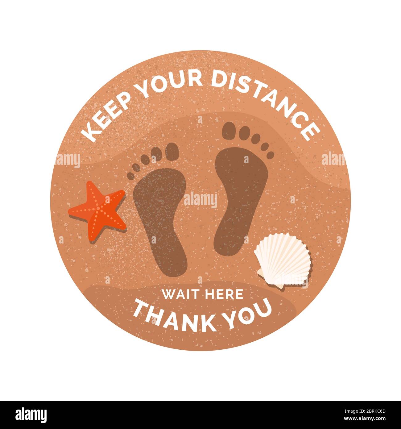 Social distancing and coronavirus covid-19 prevention: floor sticker sign with footprints on the beach sand Stock Vector