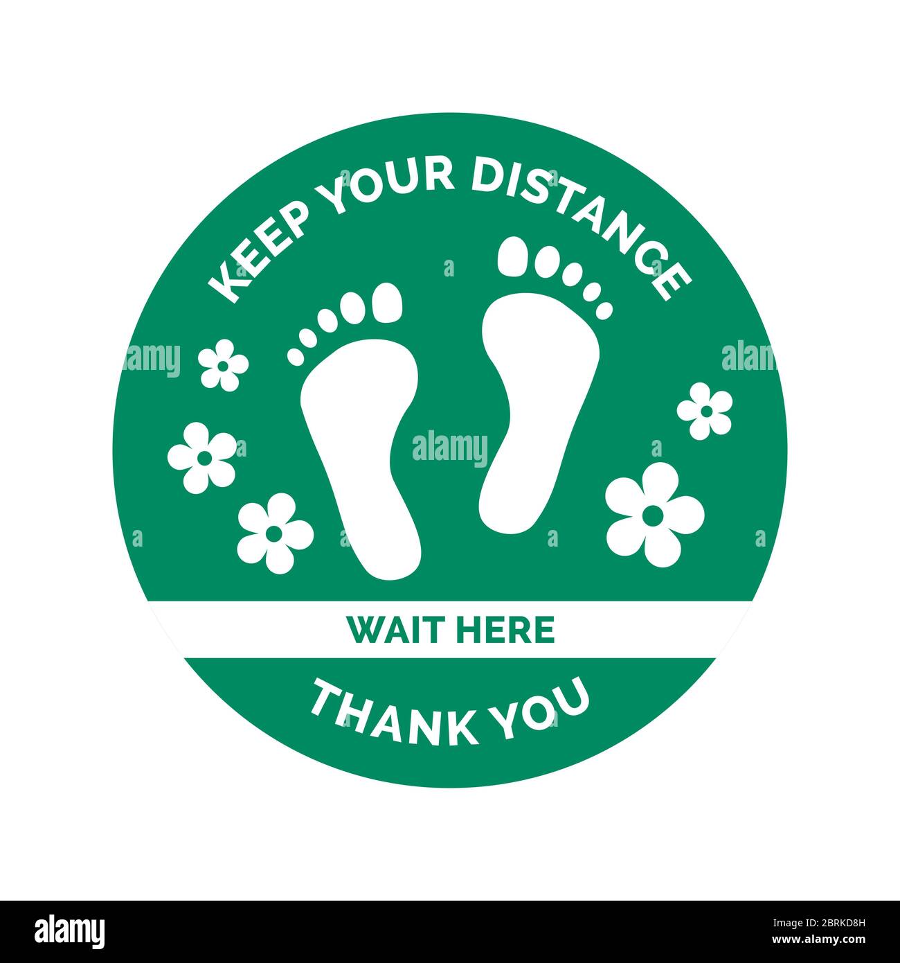 Social distancing and coronavirus covid-19 prevention: floor sticker sign with footprints and flowers Stock Vector