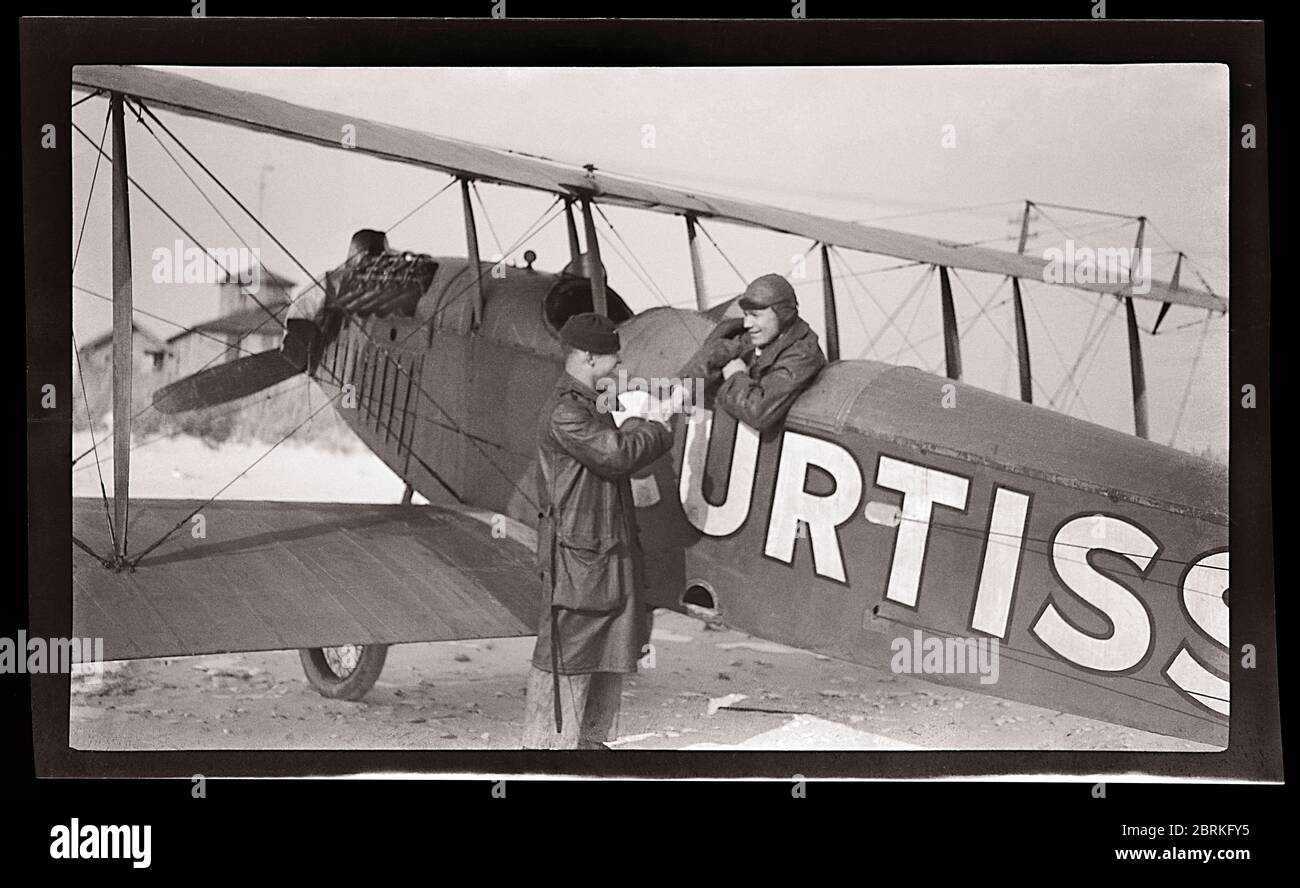 The Curtiss “Jenny” JN-4 biplane, America’s most famous World War I aircraft used by the U.S. Army Air Service. The Post Office Department began using them on May 15, 1918. The front seat was removed in order to carry mail bags. The airplane also became the mainstay of the 'Barnstormer' of the 1920s. Stock Photo