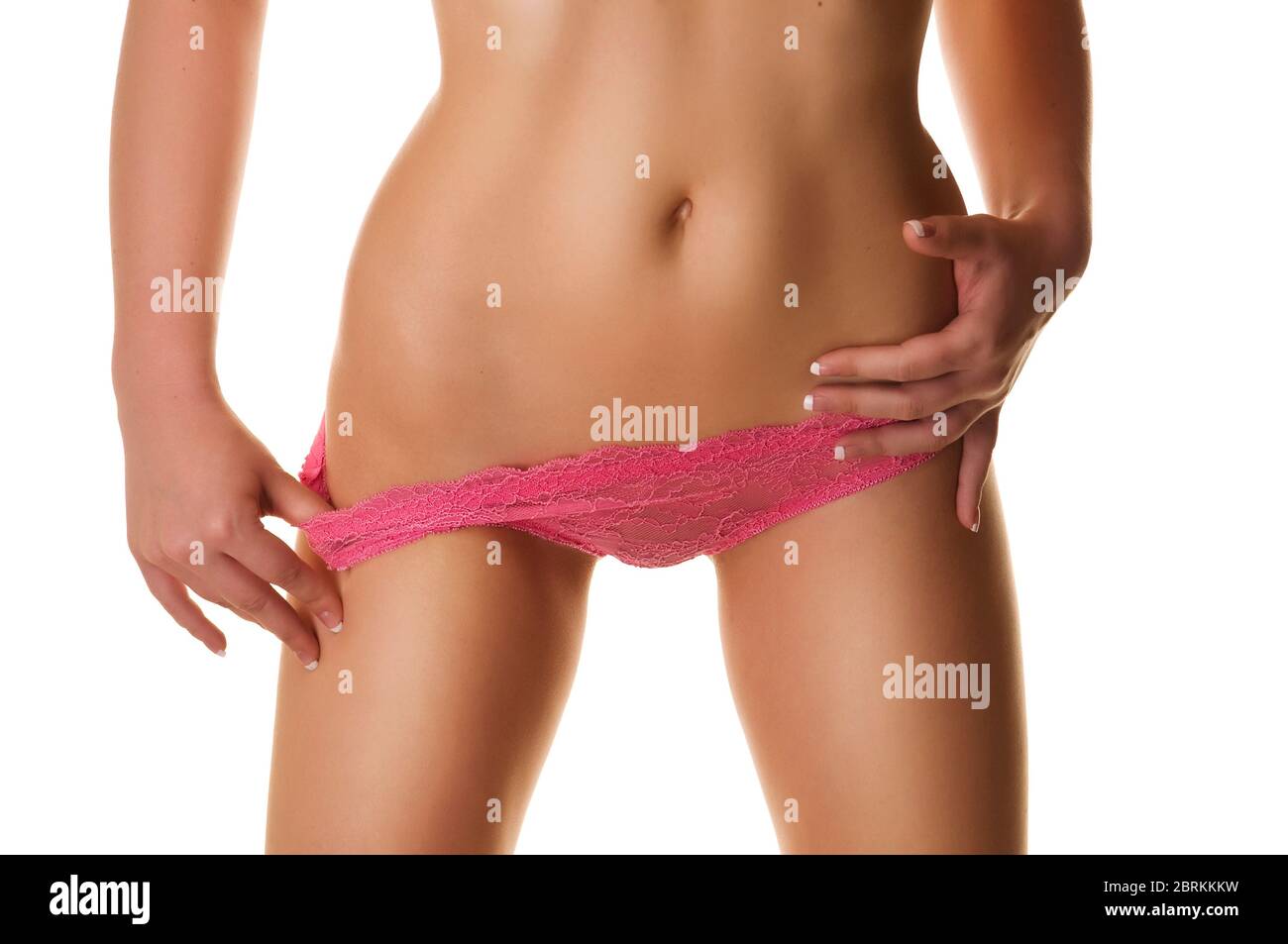 Beautiful slim female body. Close-up photo of ideal elastic flawless  woman's belly wearing pink lace panties. Taut elastic legs. Firm sexy  abdomen. Is Stock Photo - Alamy