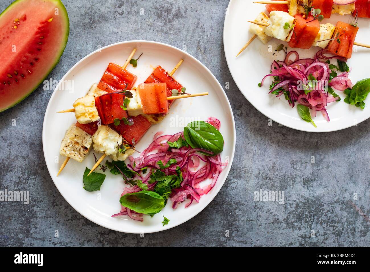 Grilled halloumi cheese and watermelon skewers Stock Photo Alamy