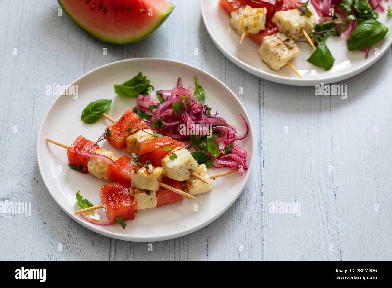 Grilled halloumi cheese and watermelon skewers Stock Photo Alamy