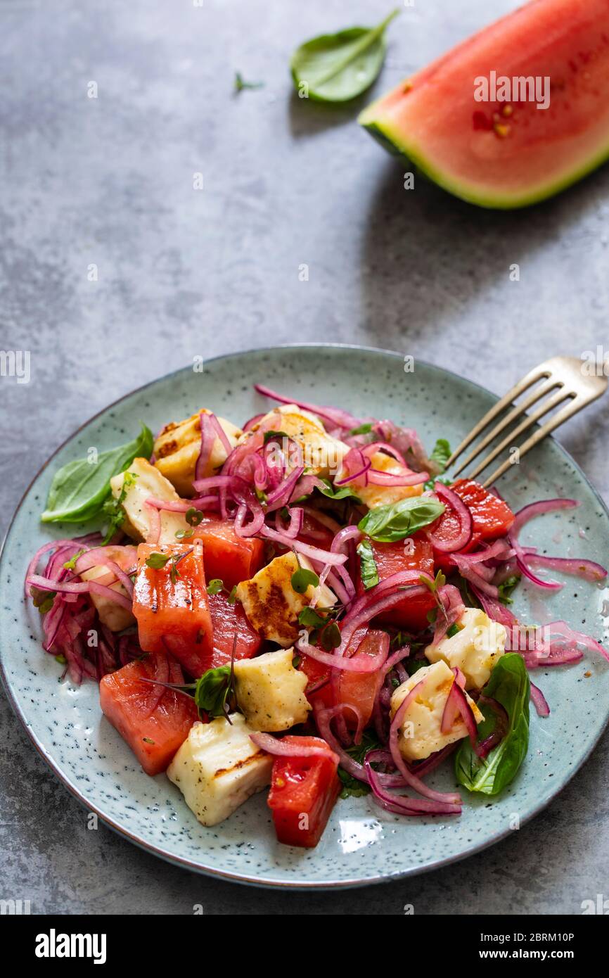 Grilled halloumi cheese and watermelon salad Stock Photo Alamy