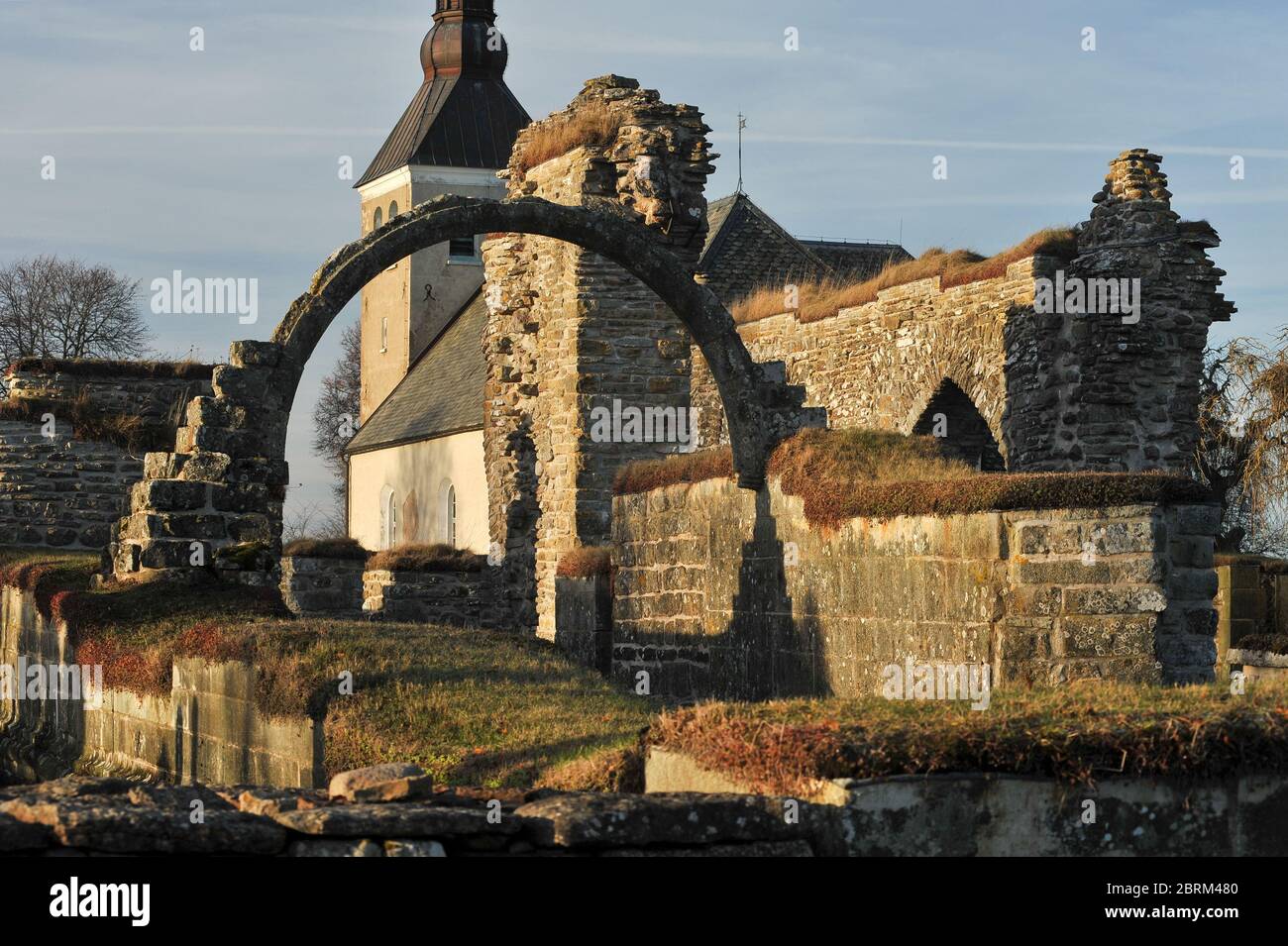 Ruined Gudhem Abbey (Gudhems kloster) was 1152 to 1529 Benedictine and later Cistercian nunnery in Gudhem, Västra Götaland County, Sweden. December 13 Stock Photo