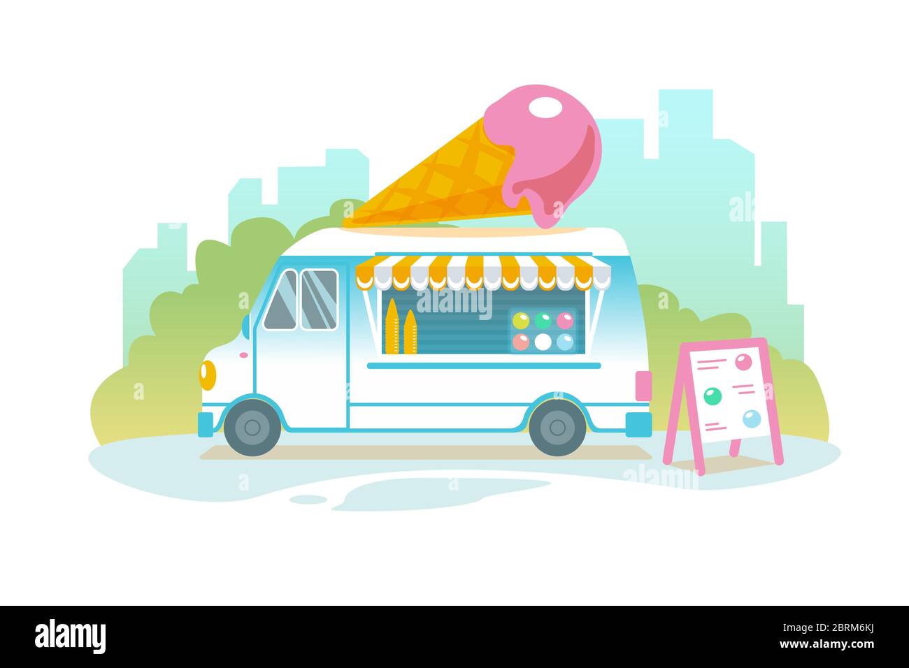Blue ice cream truck in retro style on cityscape. Popsicle wheeled cafe banner design. Ice car cartoon illustration. Isolated sweet cart in Flat vector landscape. Icecream food delivery service banner Stock Vector