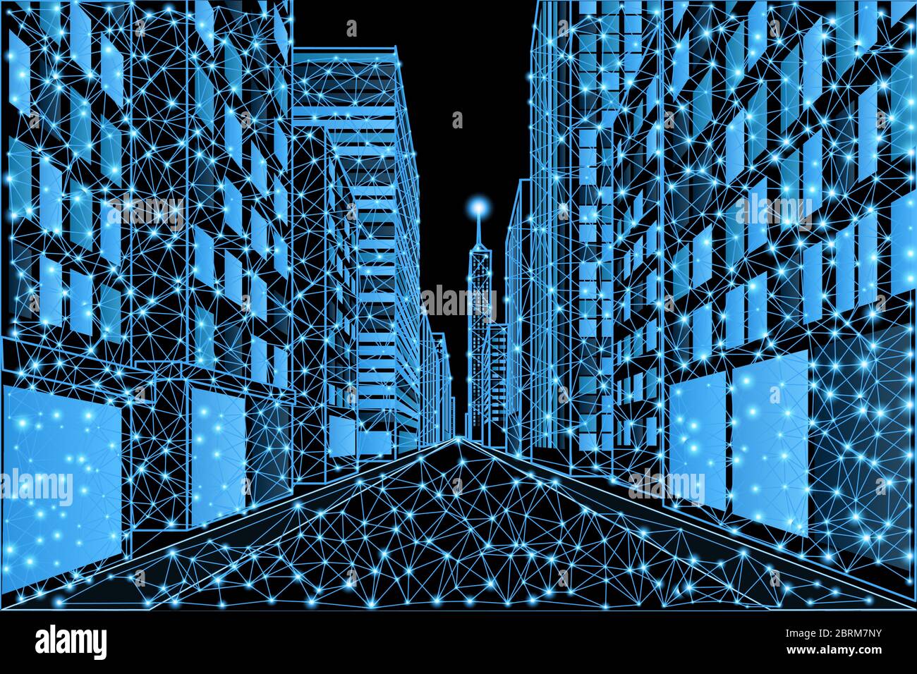 Street of a modern metropolis with high-rise buildings in a low poly style Stock Vector