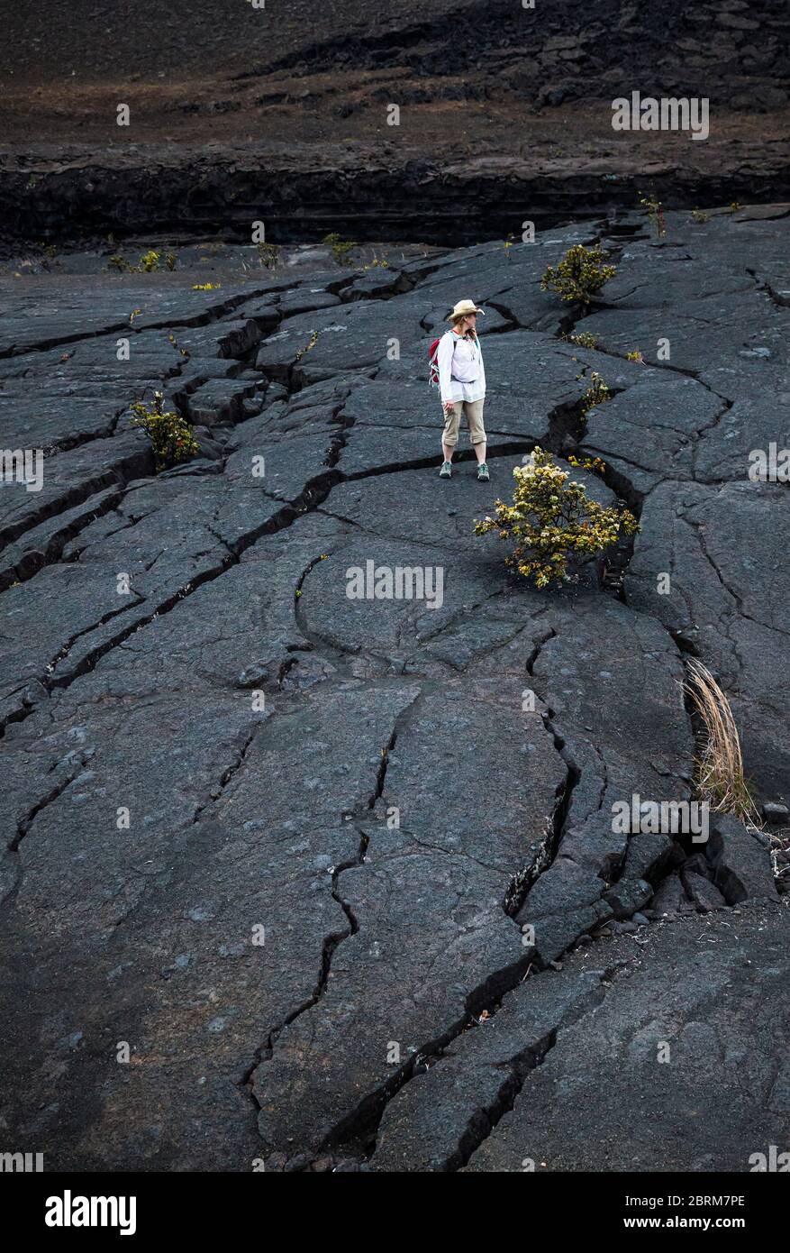 A woman stands on the cracked lava of floor of  Kilauea Iki crater, Hawaii Volcanoes National Park, Hawai'i, USA Stock Photo