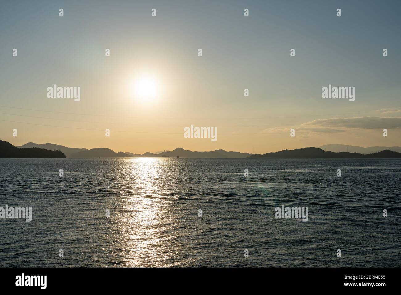 Islands of the Seto Inland Sea in sunset time. Hiroshima Prefecture, Japan Stock Photo