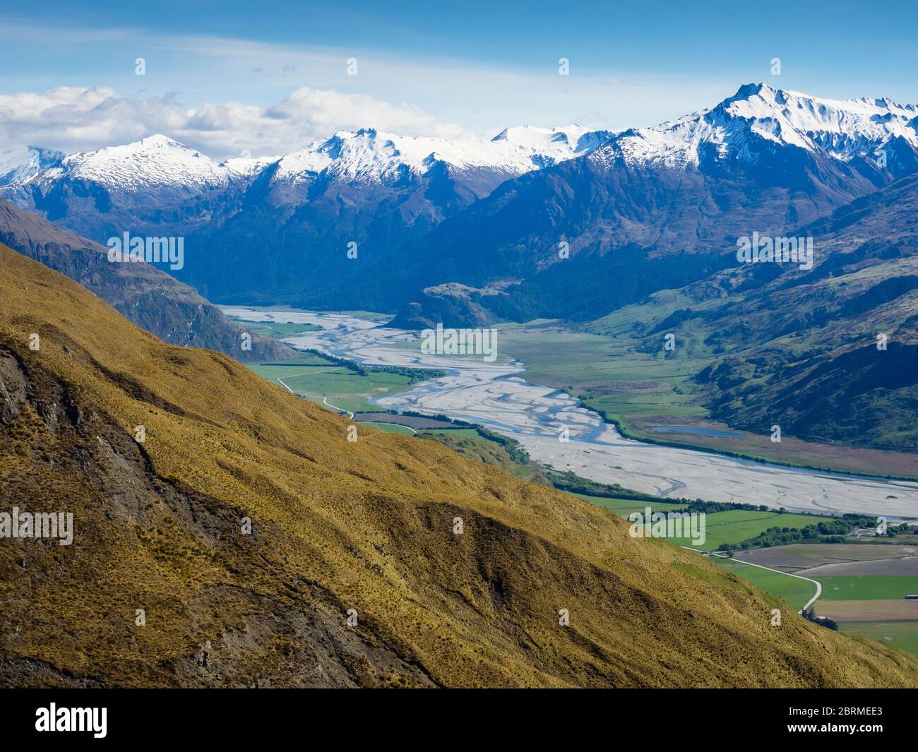 Looking up the Matukituki Valley towards Mt Aspiring, Otago, South Island, New Zealand Stock Photo