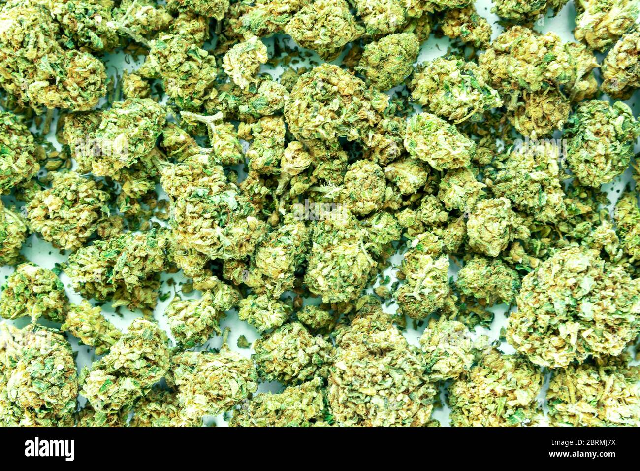 Background of cannabis buds, marijuana weed. Top view. Stock Photo