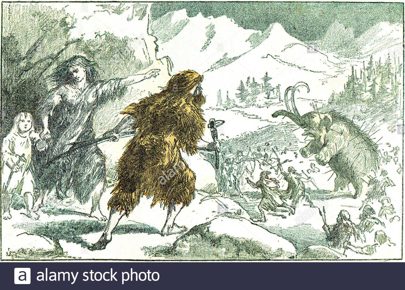 A Mammoth Hunt In The Glacial Period Vintage Engraved Illustration From Natural Creation And Living Beings Stock Photo Alamy