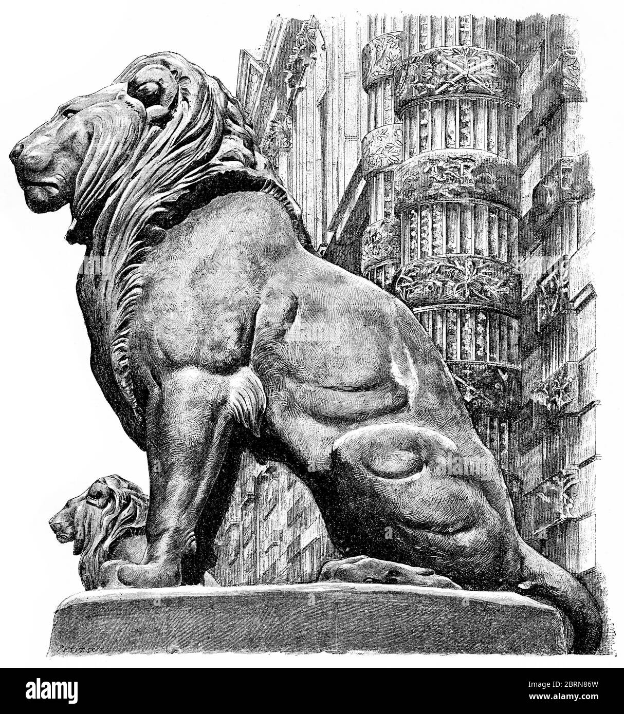 Barye lions at the gate of the Tuileries, vintage engraved illustration. Paris - Auguste VITU – 1890 Stock Photo
