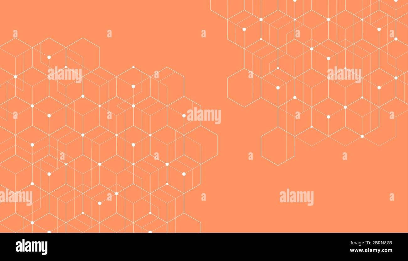 Abstract hexagonal molecular structures on orange background with copy space. Stock Vector