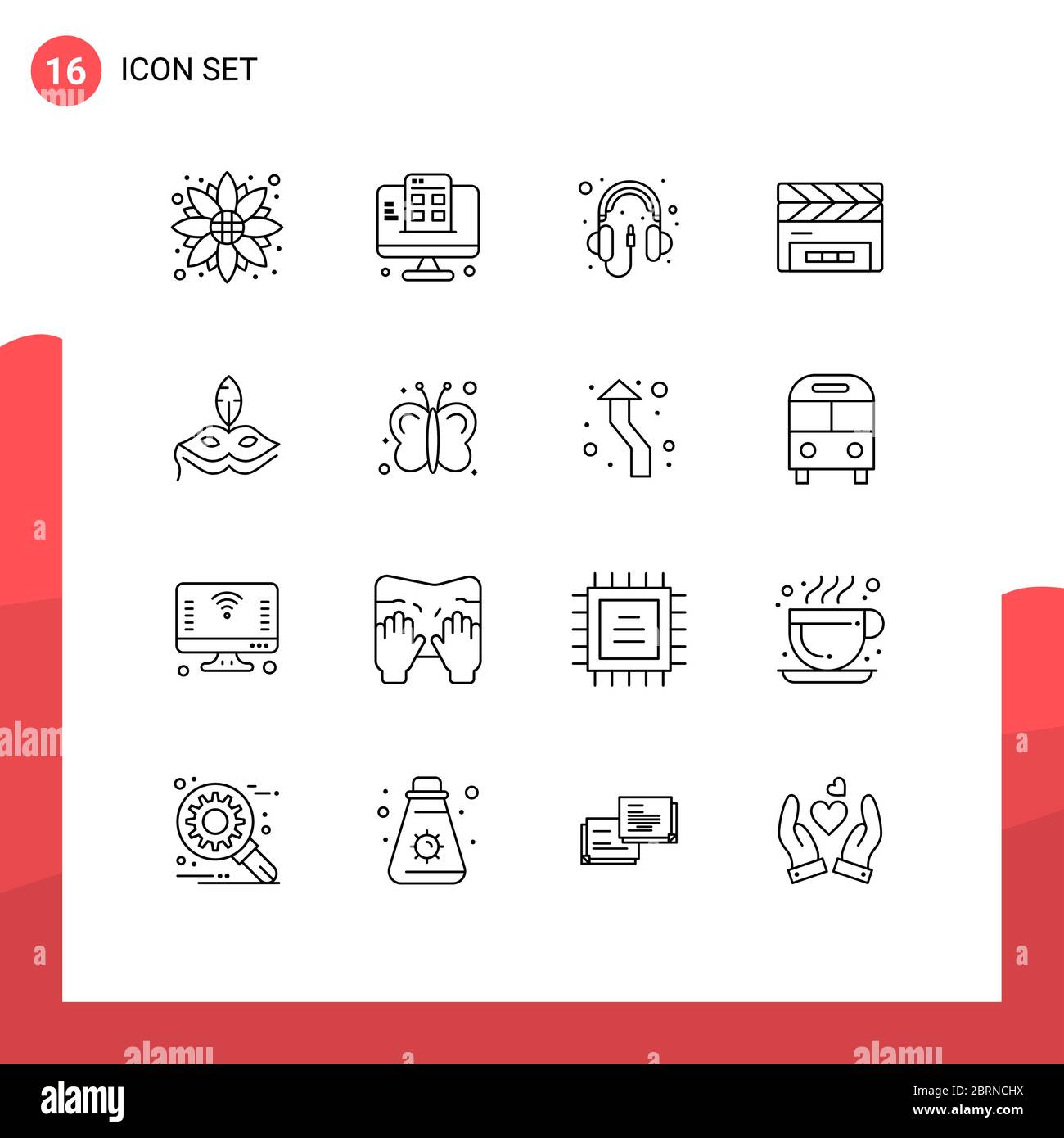 Modern Set of 16 Outlines and symbols such as costume, film flap, audio, clapperboard, clapboard Editable Vector Design Elements Stock Vector