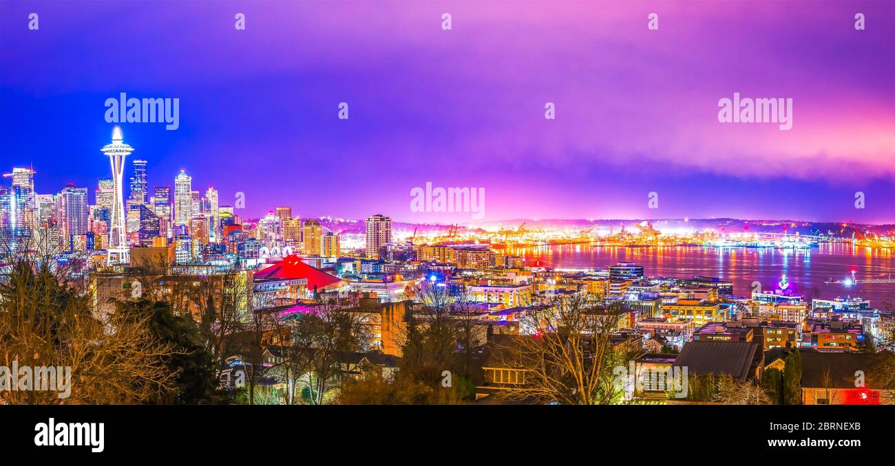 scenic view Seattle cityscape in the night time,Washington,USA. Stock Photo