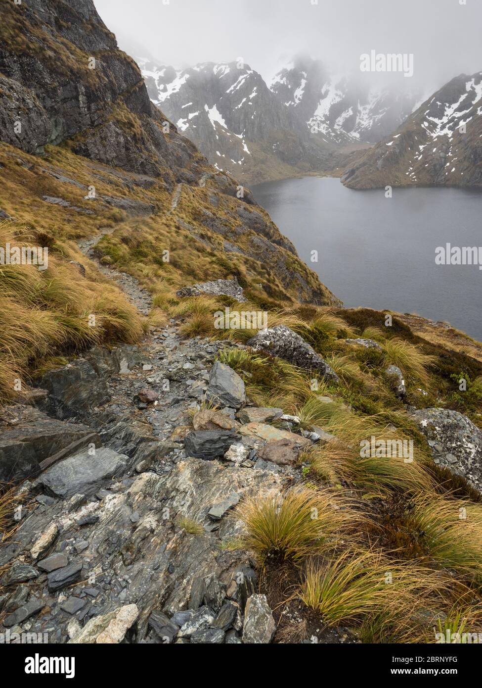 The Routeburn track in bad weather above Lake Harris, Mount Aspiring National Park, New Zealand