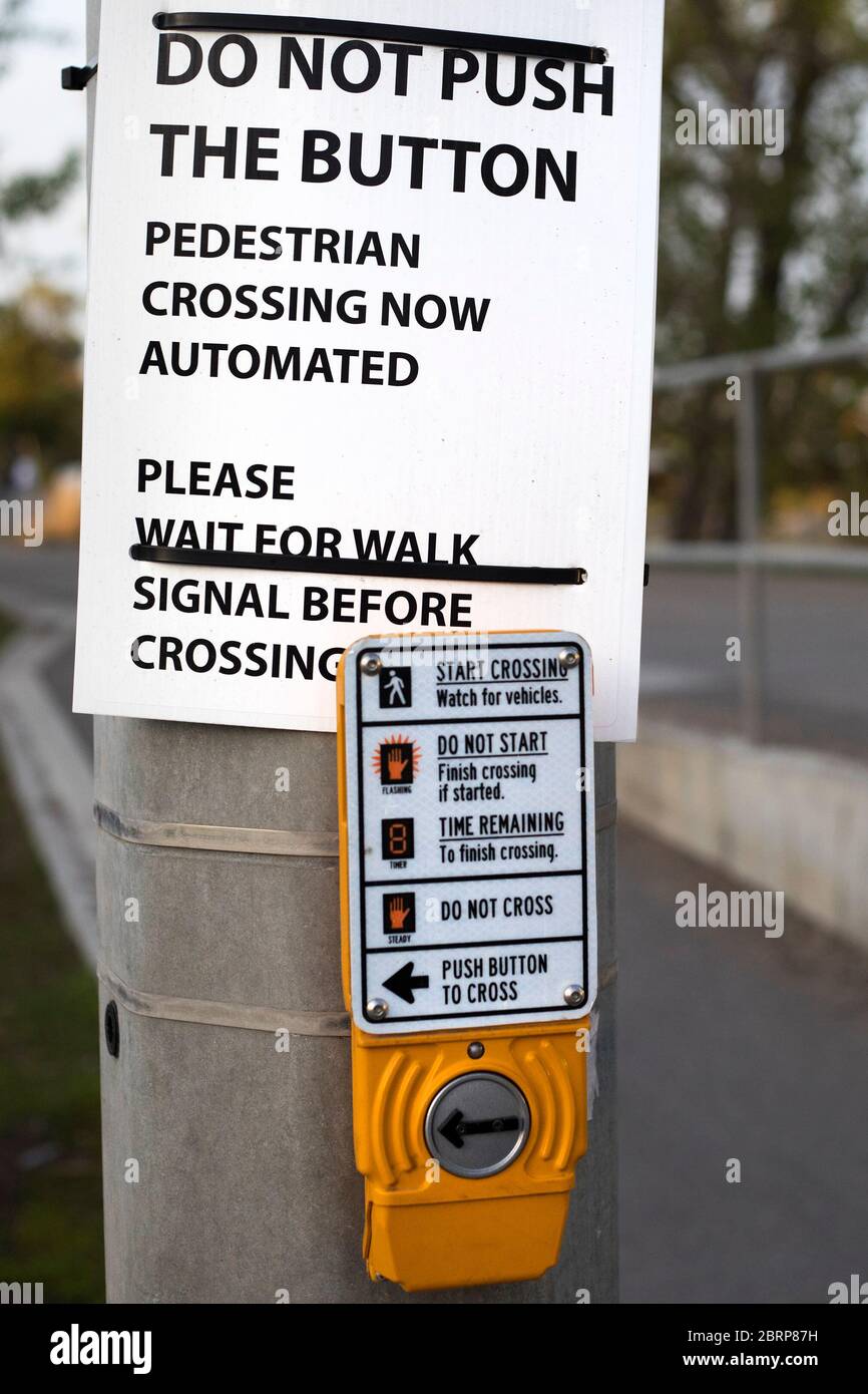 Covid 19 control measure: Pedestrian crossing button on city street was replaced with automated signal to reduce the spread of coronavirus disease Stock Photo