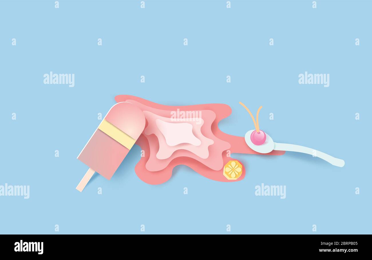 3D paper art and craft of Ice cream stick with delicious pink and red flavor melting.isolated spoon,cherries and orange polygon on ice cream.summertim Stock Vector
