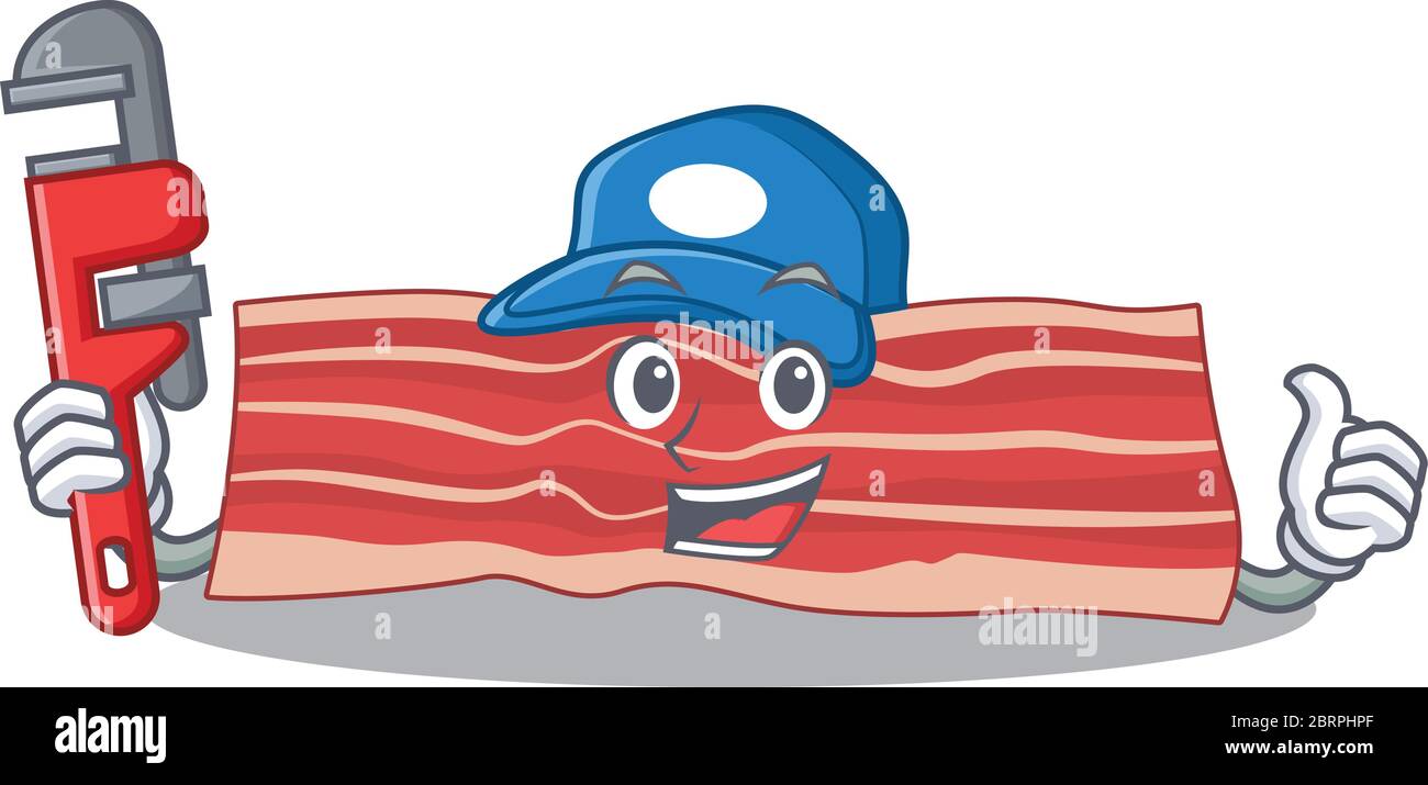 cartoon character design of bacon as a Plumber with tool Stock Vector