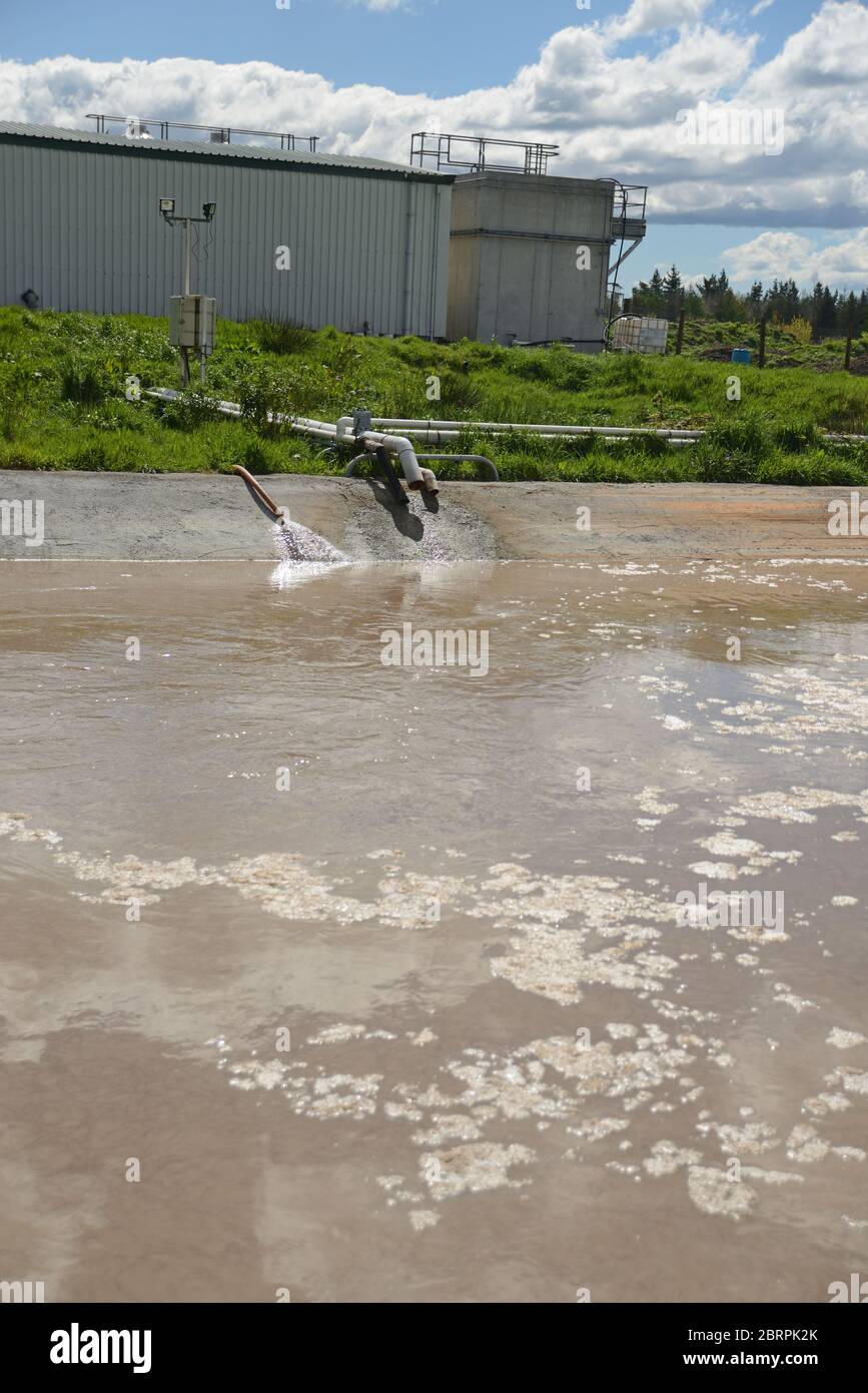 A holding pond uses aeration to remove pollutants from industrial waste water Stock Photo