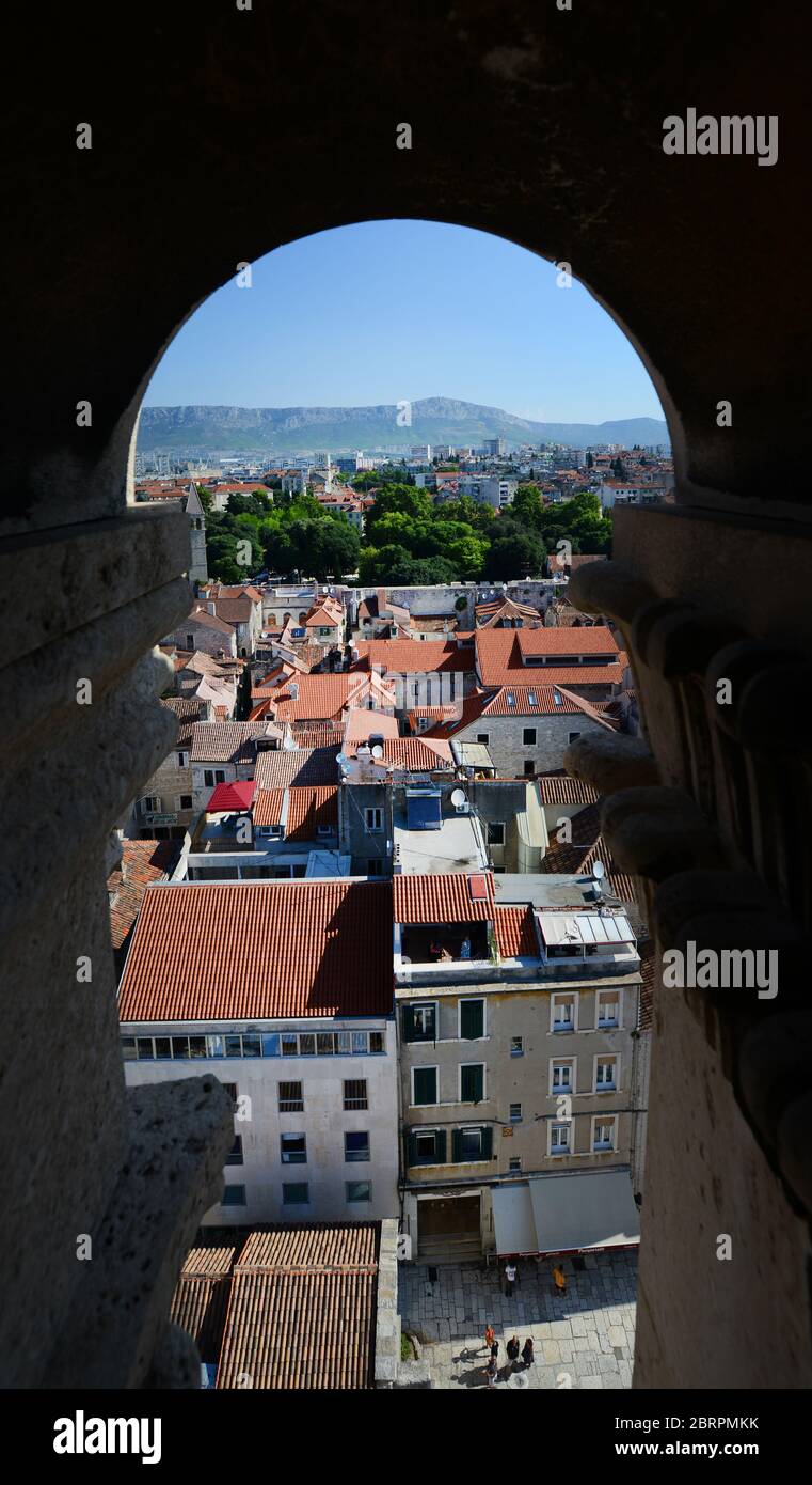 A view of the old city of Split from the top of the Saint Domnius Cathedral. Stock Photo
