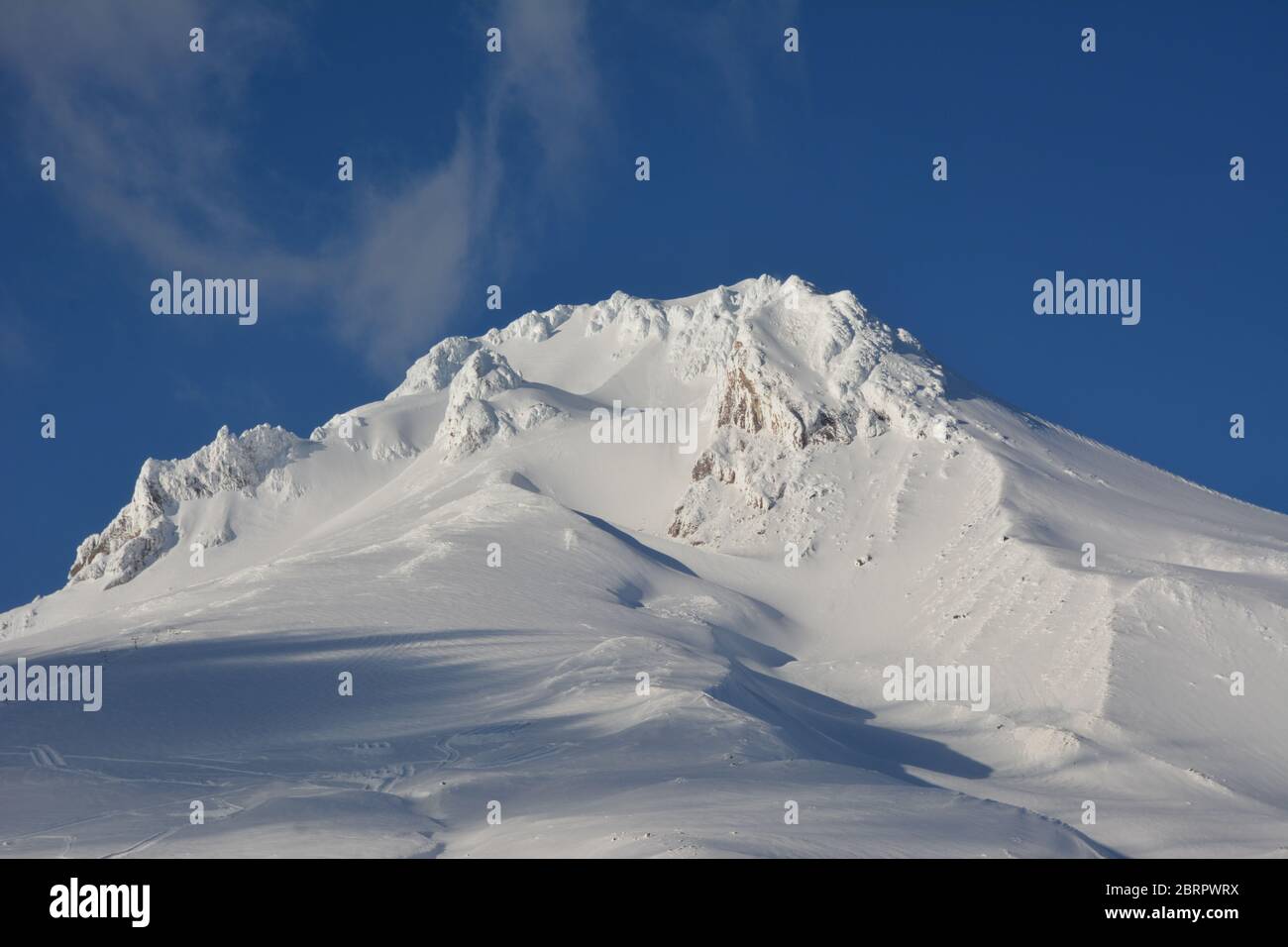 The peak of Mt Hood in winter, after fresh snow in February Stock Photo
