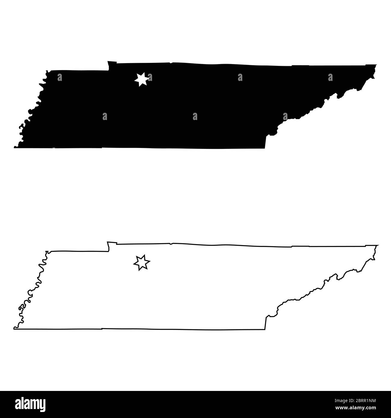 Tennessee TN state Map USA with Capital City Star at Nashville. Black silhouette and outline isolated maps on a white background. EPS Vector Stock Vector