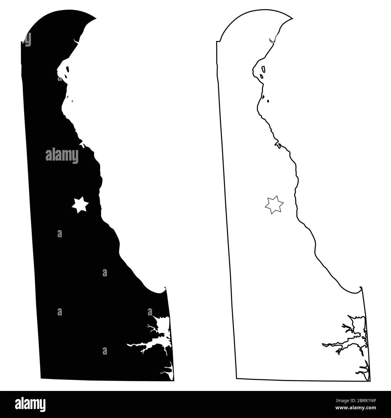 Delaware DE state Maps USA with Capital City Star at Dover. Black silhouette and outline isolated on a white background. EPS Vector Stock Vector