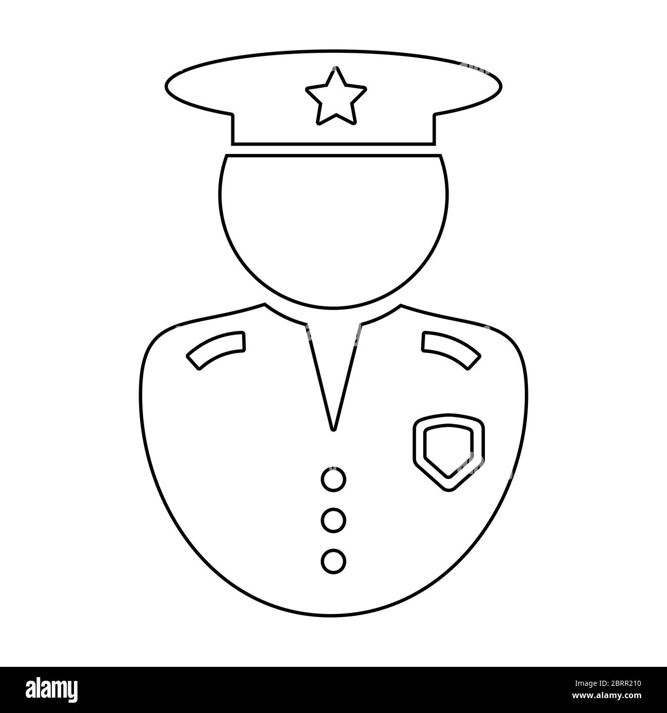 Police Officer Outline Icon. Black and white illustration pictogram icon depicting uniformed law enforcement officer with hat and badge. EPS Vector Stock Vector
