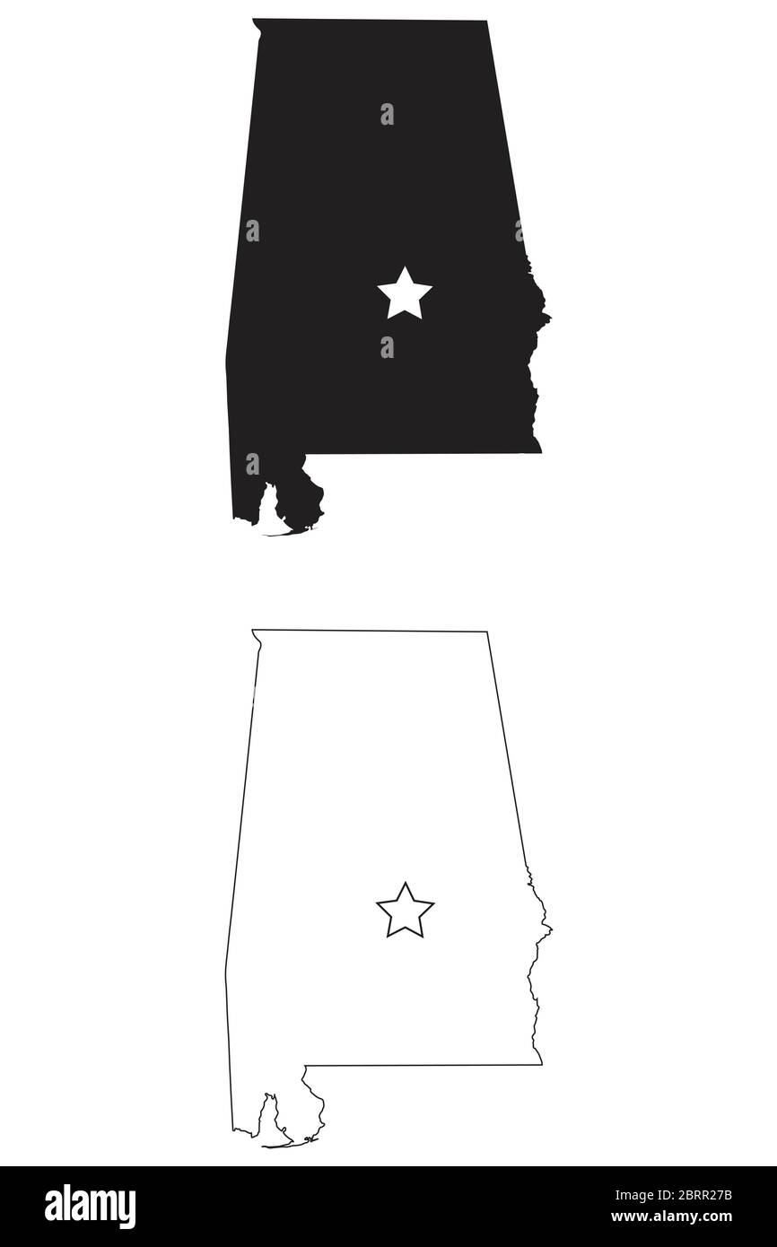 Montgomery Alabama AL state Map USA with Capital Star. Black silhouette and outline isolated maps on a white background. EPS Vector Stock Vector