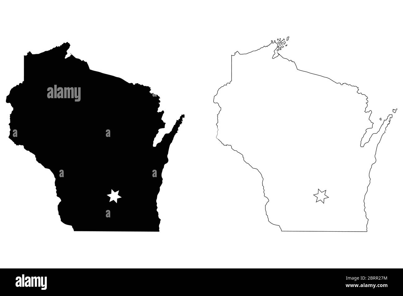 Wisconsin WI state Map USA with Capital City Star at Madison. Black silhouette and outline isolated maps on a white background. EPS Vector Stock Vector