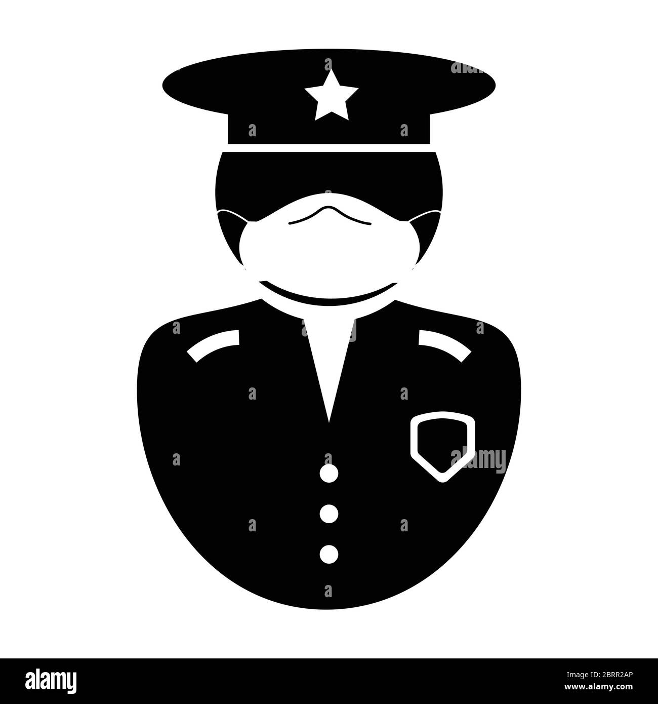 Police Officer Icon. Black and white illustration pictogram icon depicting uniformed law enforcement officer with facial mask, hat and badge. Illustra Stock Vector