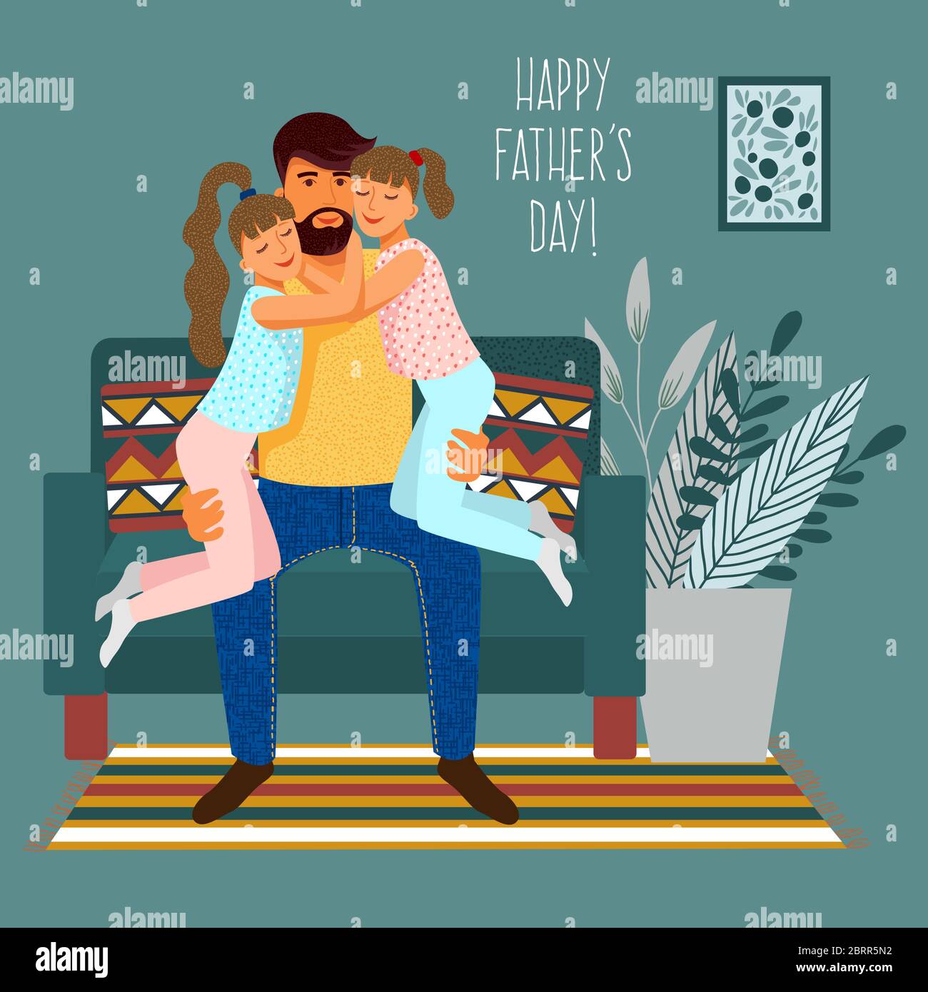 Cute flat cartoon father and Two daughters in the interior. Vertical Vector Templates for card, poster, flyer and other Stock Vector