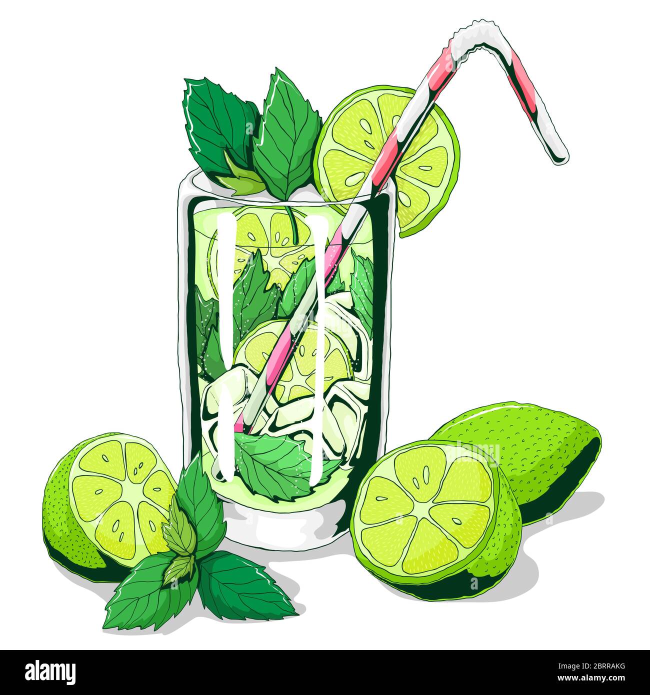 Mojito. Vector hand drawn illustration of beach cocktail. Cocktail with lime and mint. Vector illustration of fresh and salty drink: alcoholic cocktai Stock Vector
