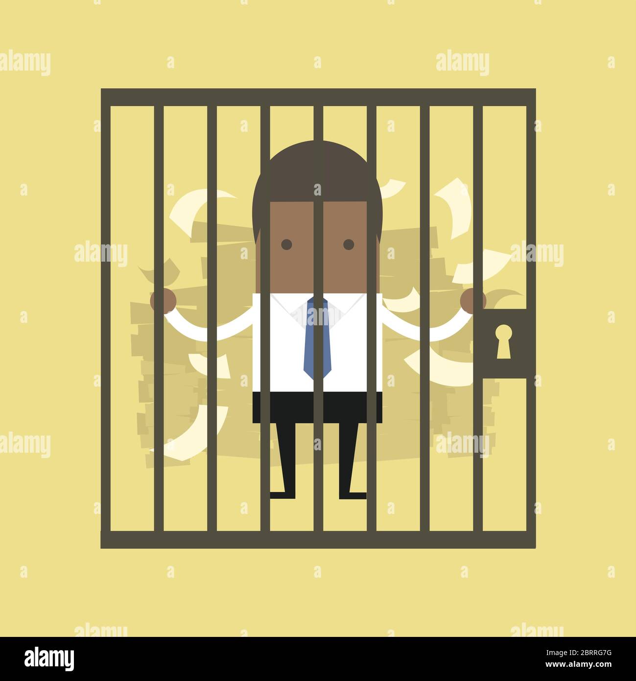 African businessman caught in a prison with unfinished work. Stock Vector