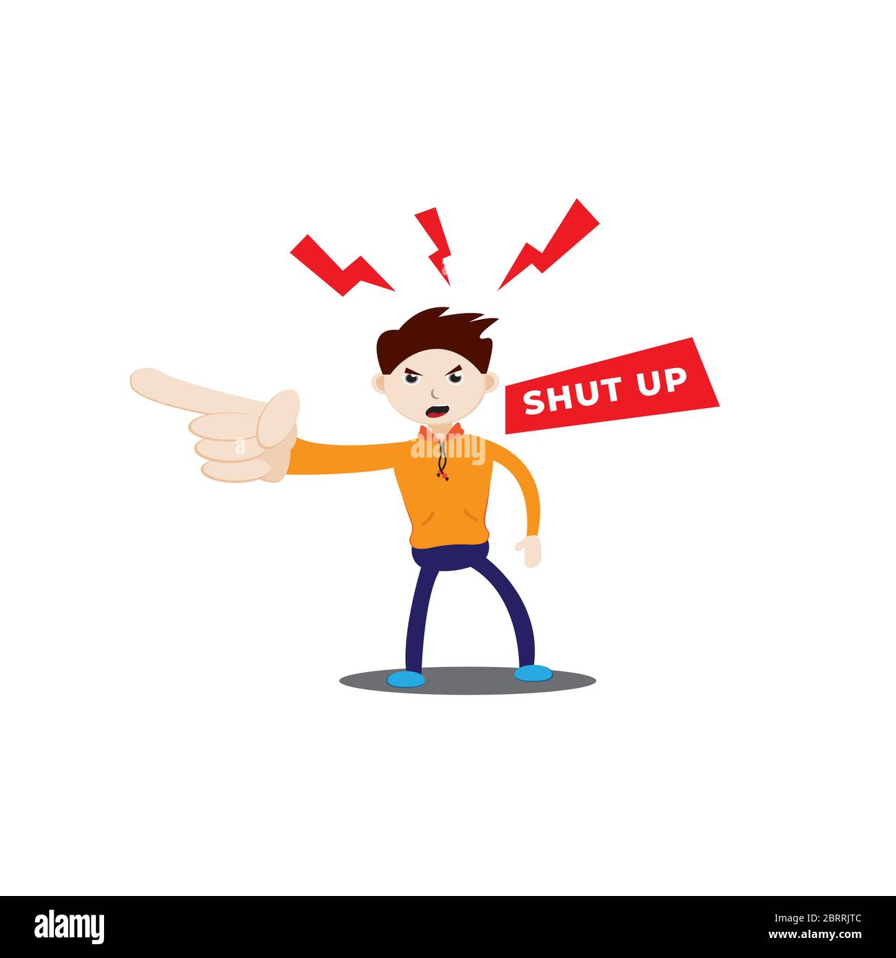 Anggry faced boy with pointing finger gesture. Flat character vector illustration. He say 'Shut Up!' Stock Vector