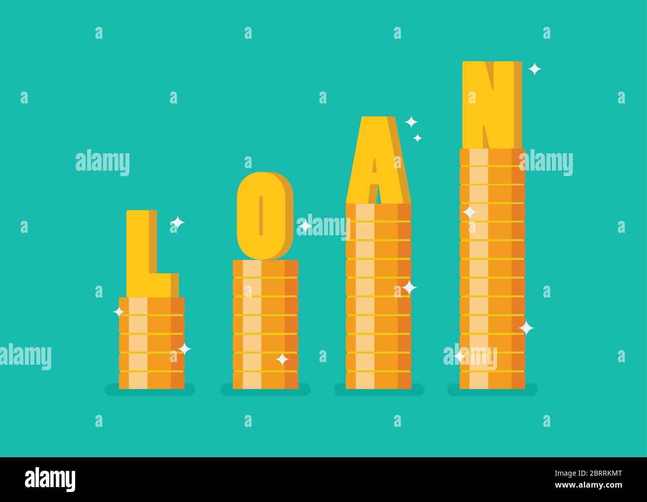 Word LOAN on step stack coins as graph up. Vector illustration Stock Vector