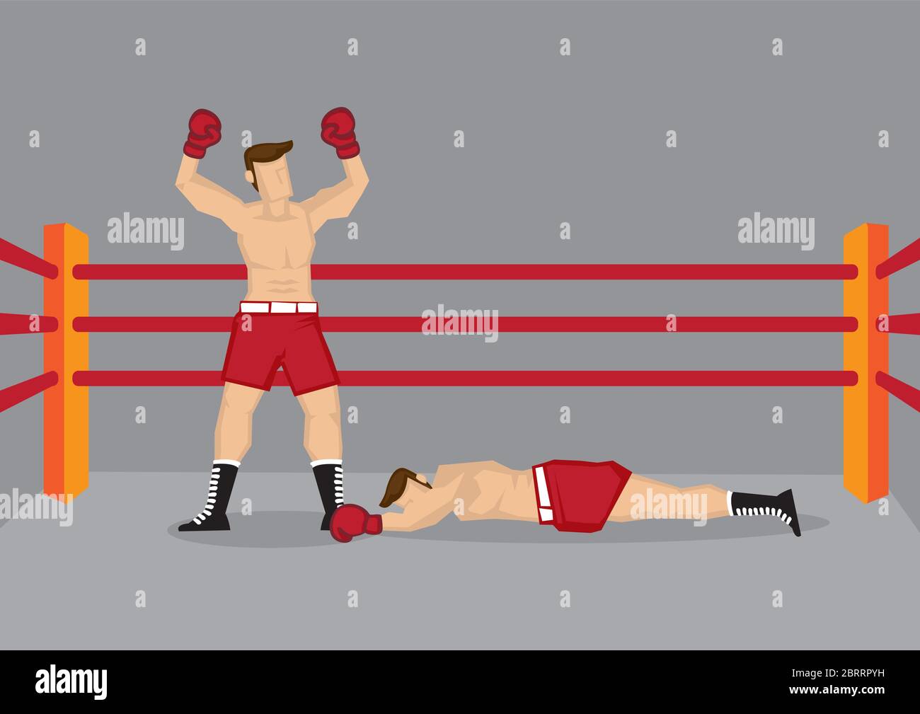 Vector illustration of a boxer standing in boxing ring with both hands raised and his opponent lying on the floor. Stock Vector
