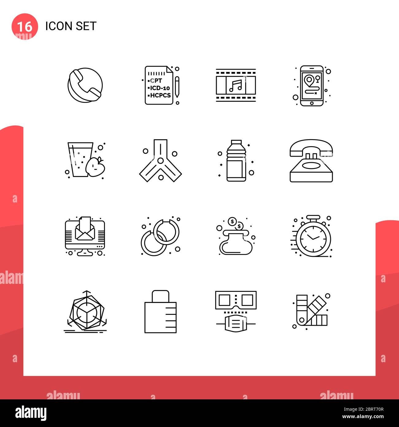 Set of 16 Modern UI Icons Symbols Signs for biology, juice, film reel, fruit, mobile Editable Vector Design Elements Stock Vector